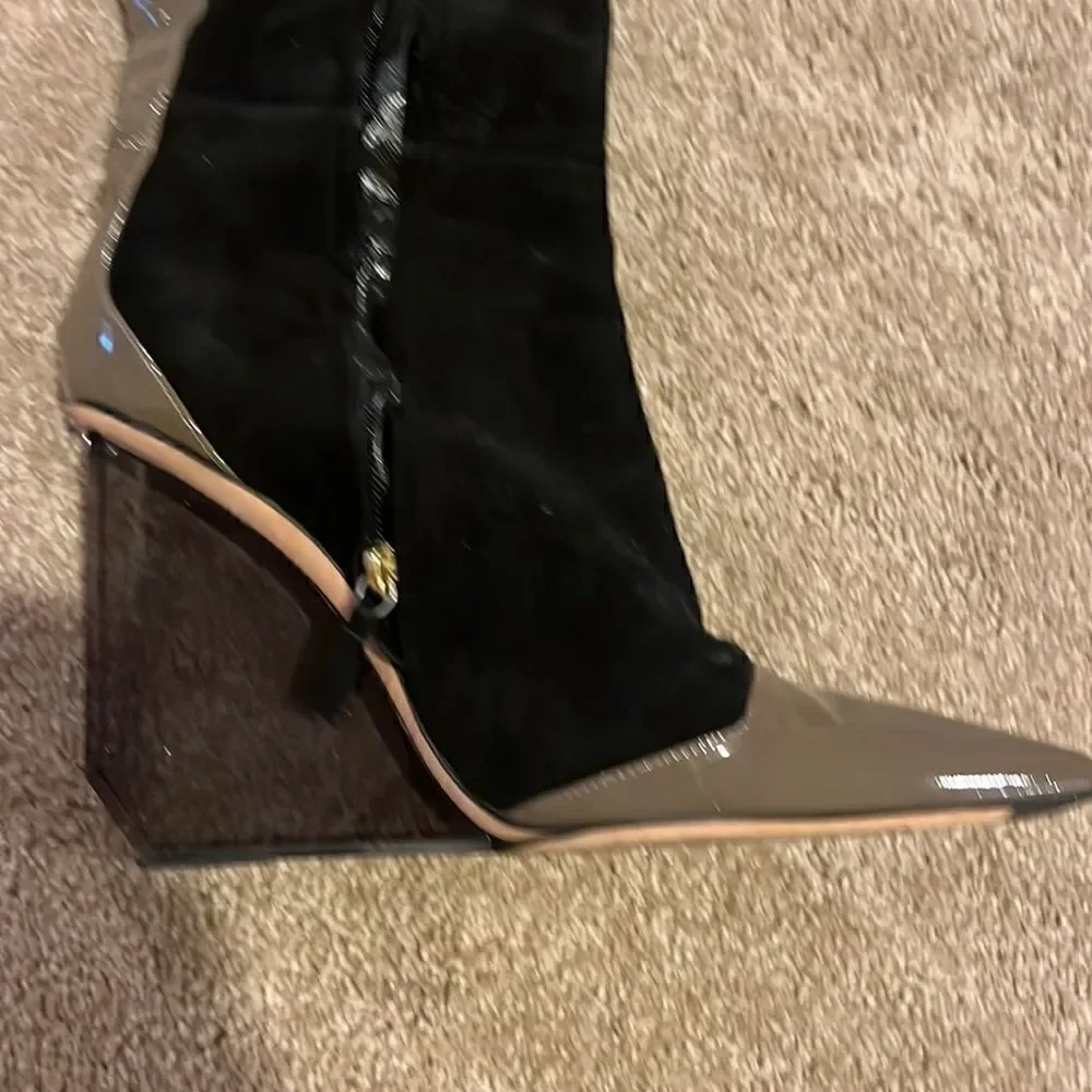 Pollini black suede thigh high boots with plexiglass heel and leather trim 40